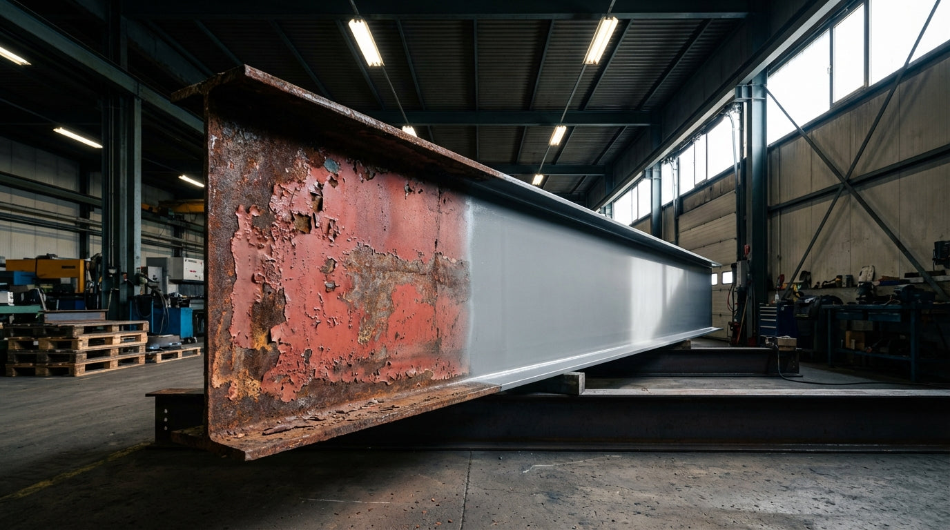 Estrutura metálica com corrosão avançada antes de jateamento abrasivo Sa 2.5 - preparação de superfície para pintura industrial