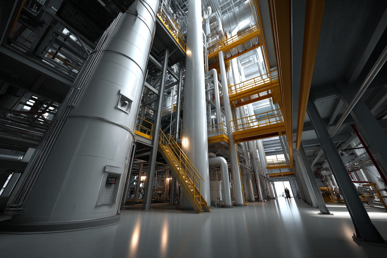 Vista interna de uma usina de etanol mostrando colunas de destilação em aço, escadas e estruturas metálicas com revestimento anticorrosivo, iluminação industrial e piso epóxi industrial