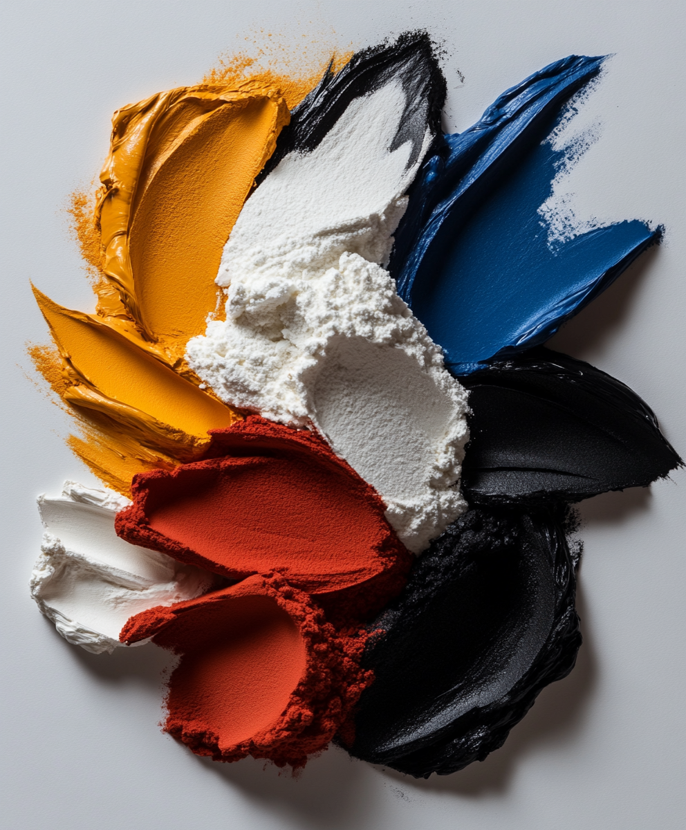 Pigmentos industriais coloridos em pó e pasta nas cores vermelho óxido, branco, amarelo ocre, azul cobalto e preto, usados em tintas e epóxi.