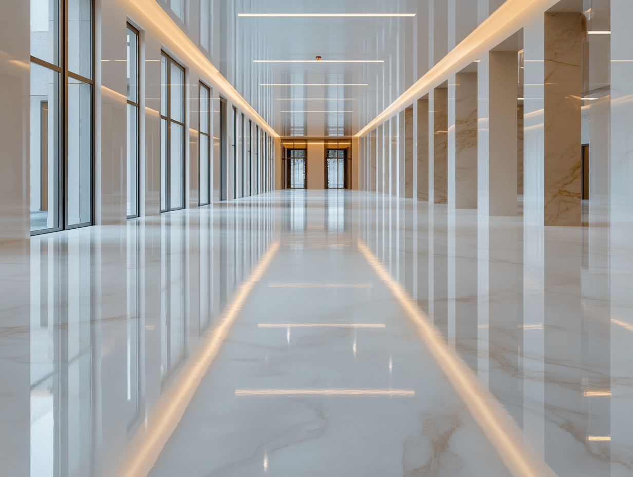 Piso epóxi de alto brilho aplicado em ambiente interno sofisticado, ideal para áreas corporativas, clínicas, galerias e espaços com alta exigência estética e fácil limpeza.