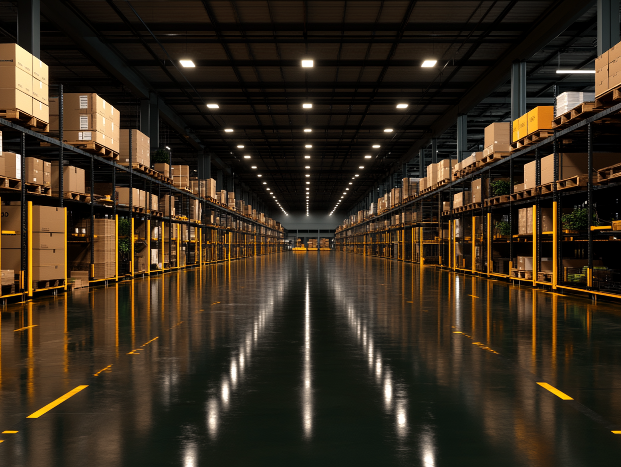 Piso epóxi industrial de alto brilho em centro logístico com demarcação, ideal para tráfego intenso de empilhadeiras, organização operacional e resistência química.