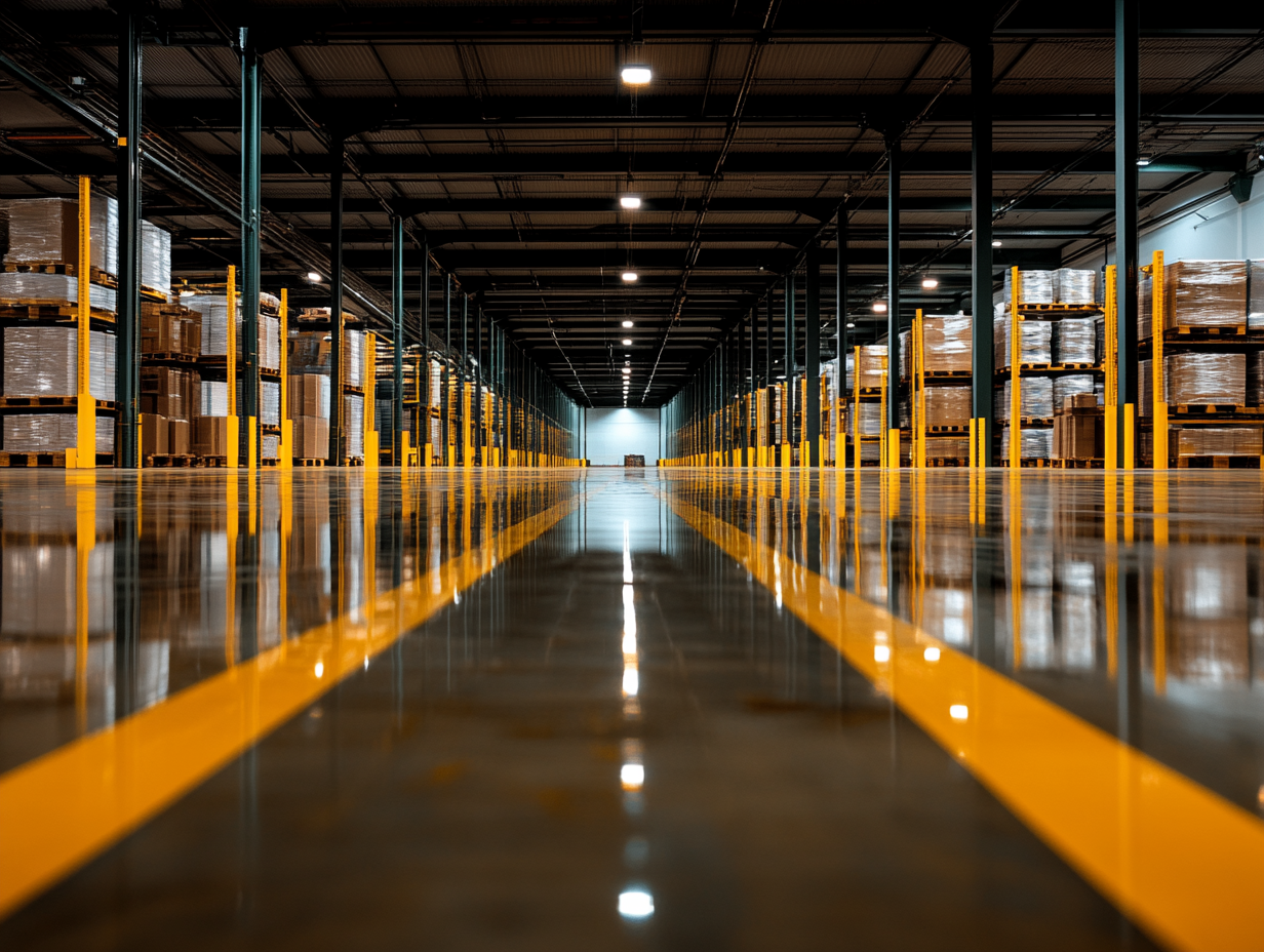Piso epóxi com demarcação amarela em centro logístico industrial, ideal para tráfego intenso de empilhadeiras, organização operacional e segurança de circulação.