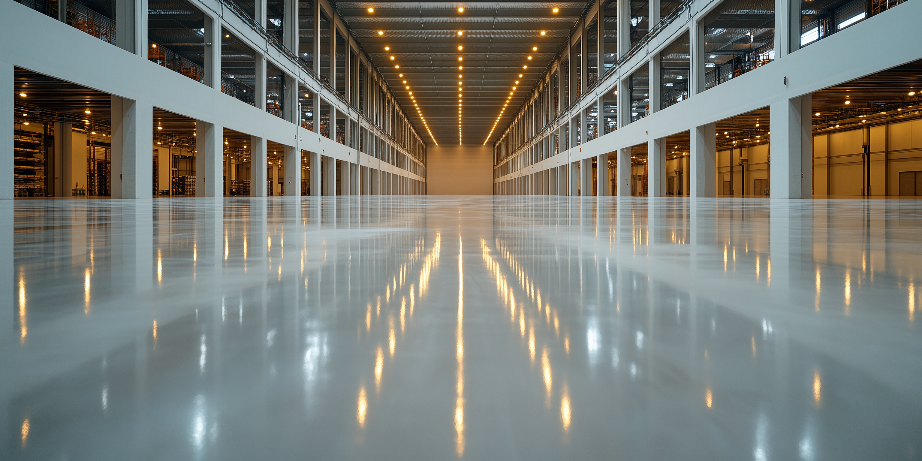 Piso industrial em resina epóxi autonivelante com acabamento liso e brilhante, ideal para galpões logísticos, áreas de armazenamento e ambientes com alto tráfego.