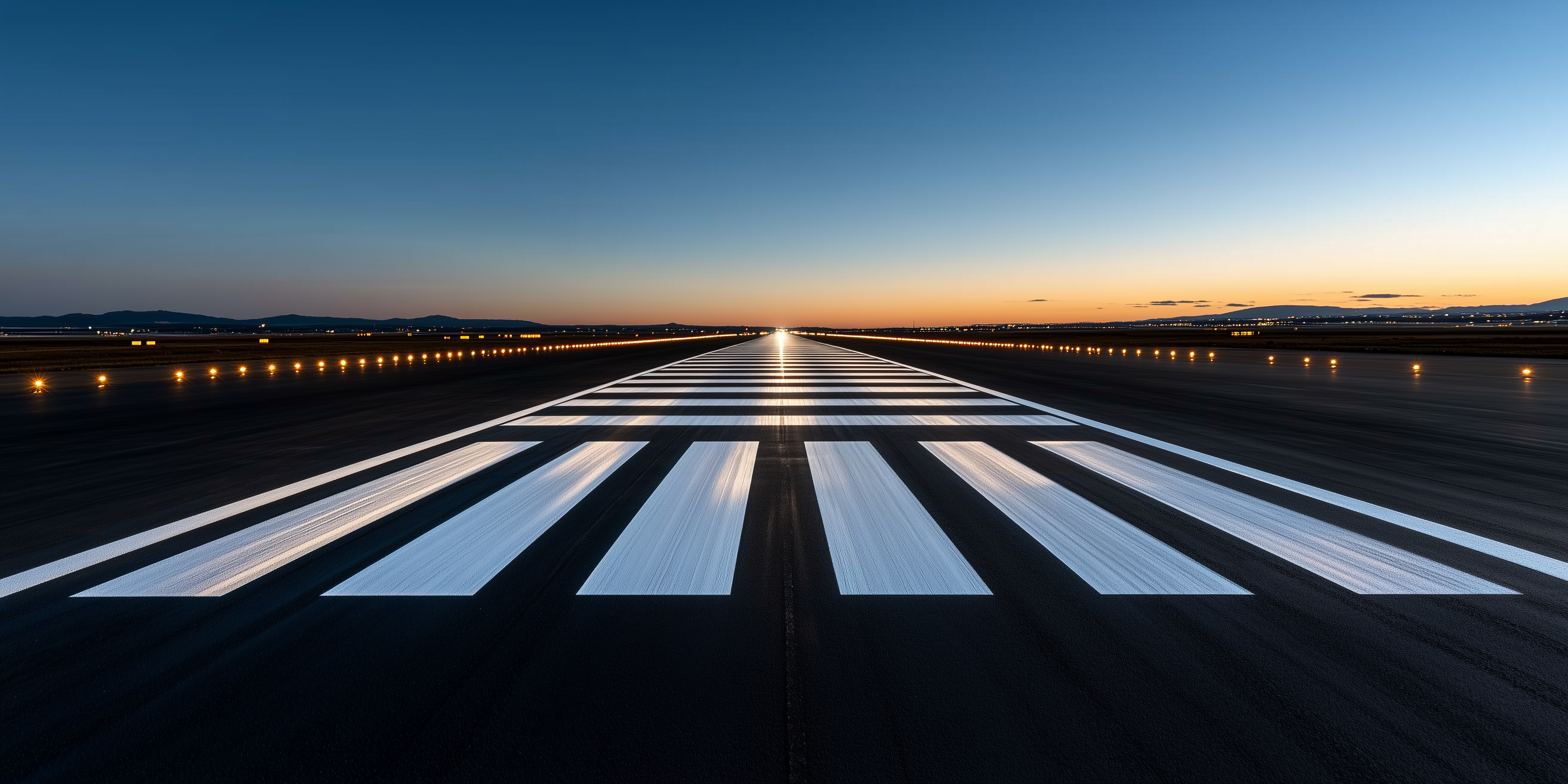 Demarcação branca em pista de pouso iluminada ao entardecer, aplicada com tinta aeroportuária de alta refletividade, resistência ao atrito e visibilidade noturna em longas distâncias.