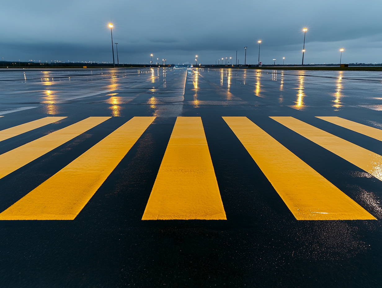 Faixa de demarcação viária amarela aplicada com tinta de alta visibilidade e resistência em área externa, ideal para sinalização horizontal industrial e aeroportuária.
