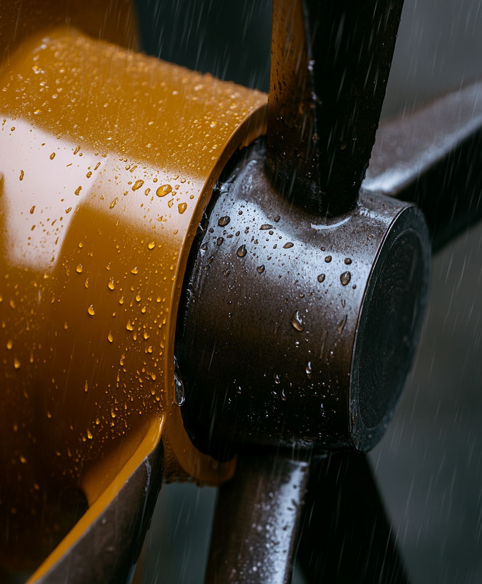 Detalhe de turbina metálica com pintura industrial resistente à água, ideal para aplicações na indústria metalmecânica.