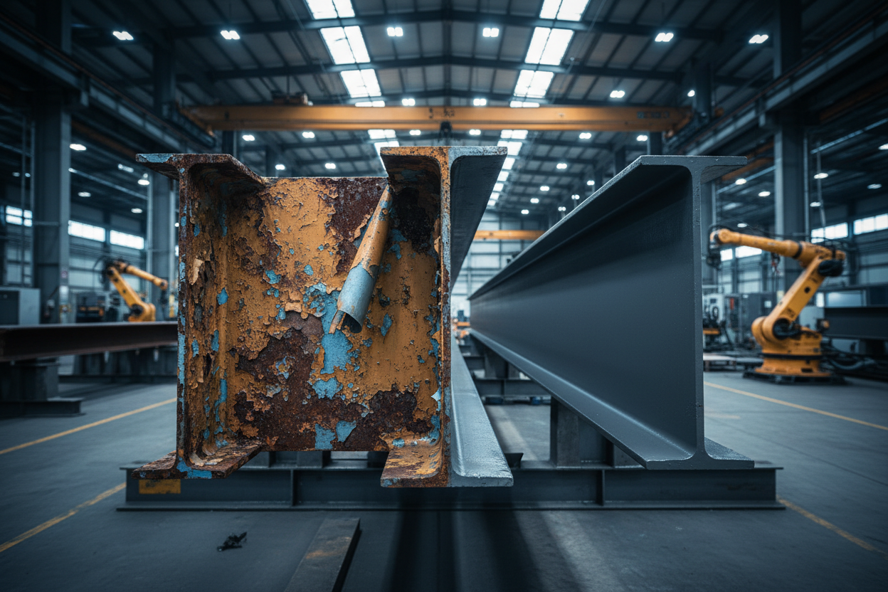 Estrutura metálica com falha no revestimento anticorrosivo - sinais de corrosão em equipamento industrial