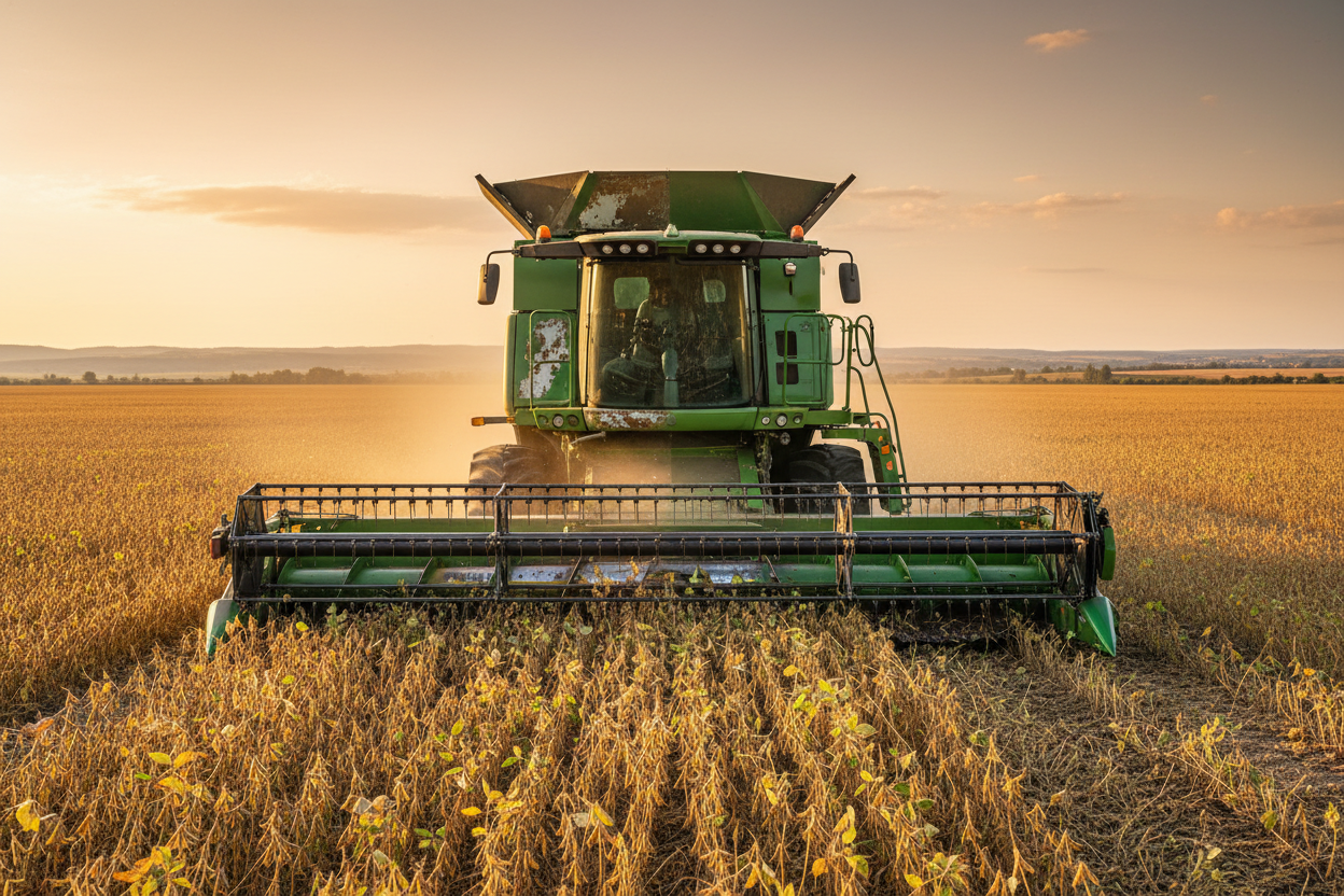 Colheitadeira agrícola operando na safra - por que a pintura de máquinas agrícolas descasca e como proteger com tinta epóxi mais PU