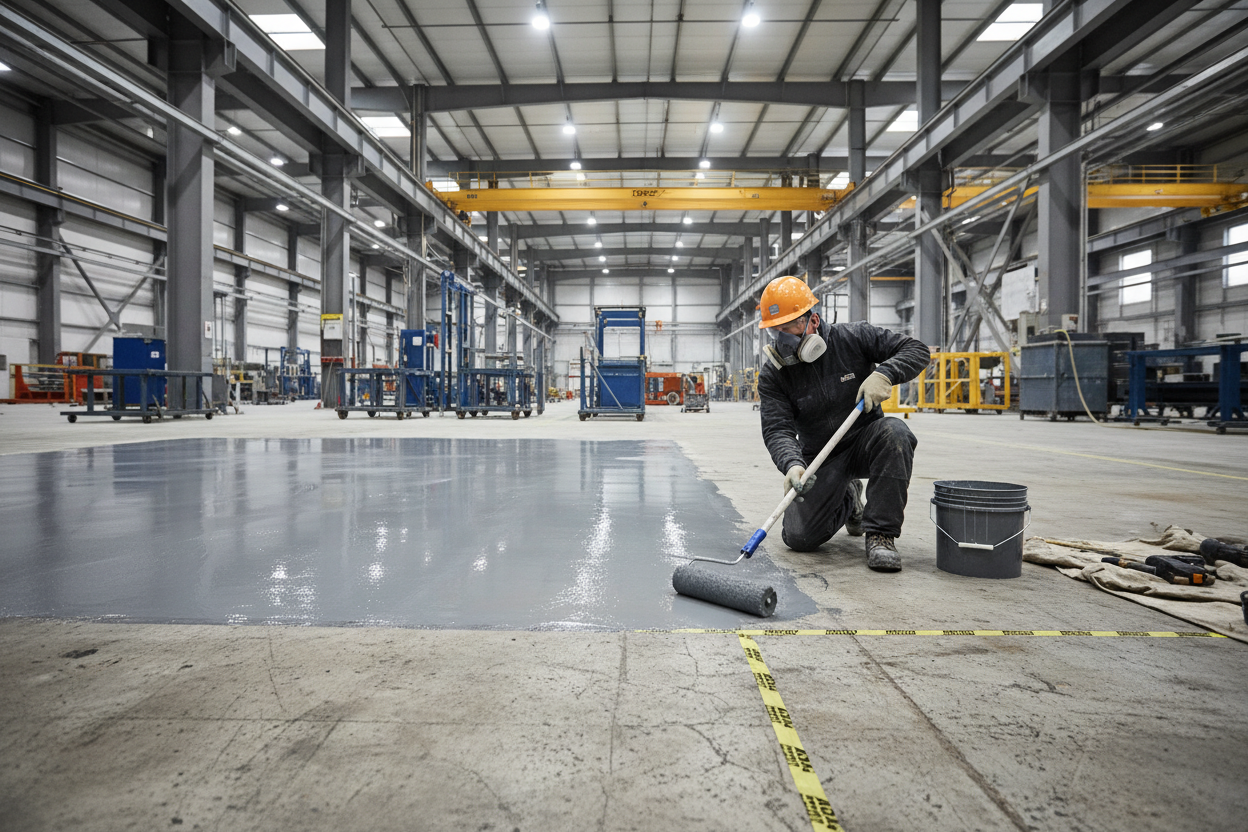 Técnico aplicando revestimento industrial em planta fabril - manutenção predial industrial com tinta epóxi para piso e estruturas