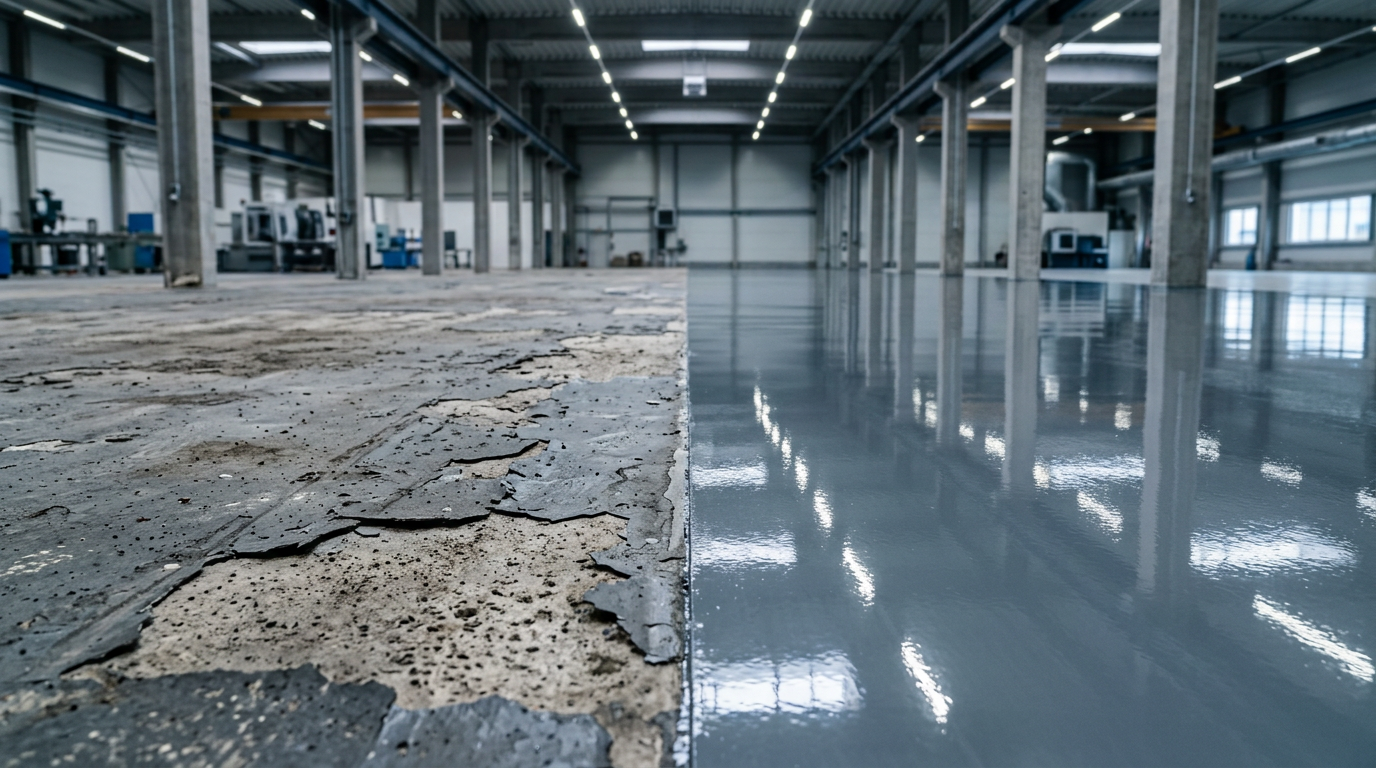 Piso epóxi industrial danificado x piso novo aplicado corretamente - sistema completo primer mais acabamento epóxi para galpão