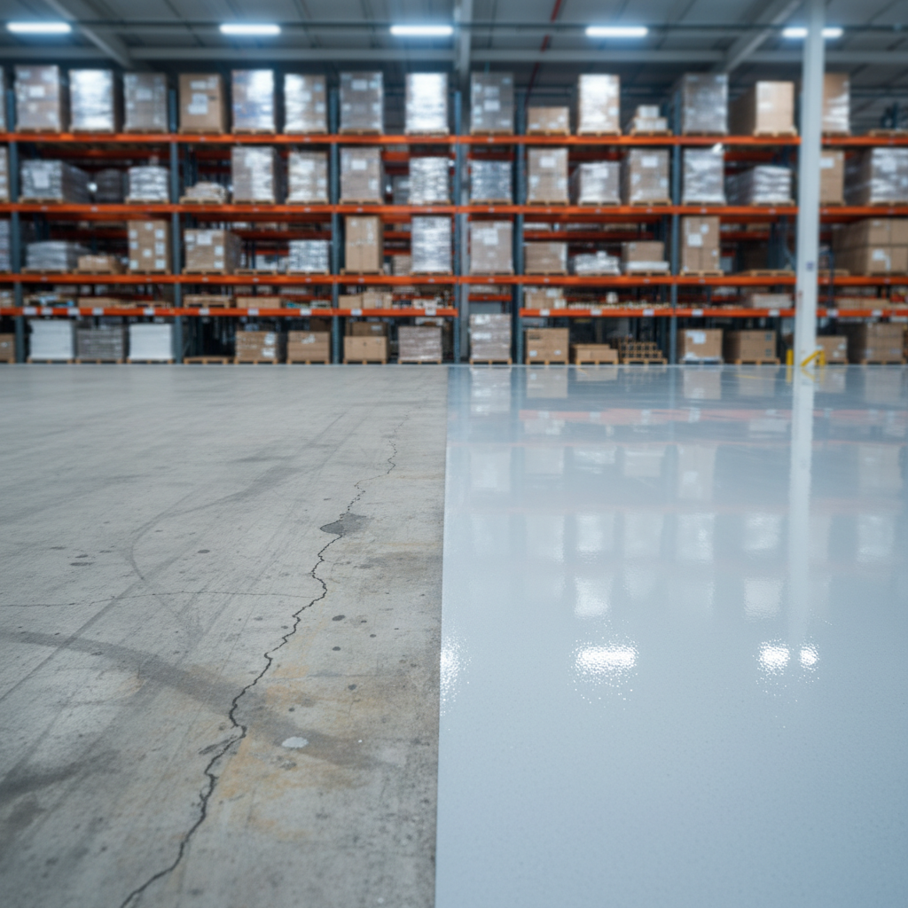 Armazém logístico com piso epóxi industrial rachando - tinta epóxi para piso industrial e como evitar erros de especificação
