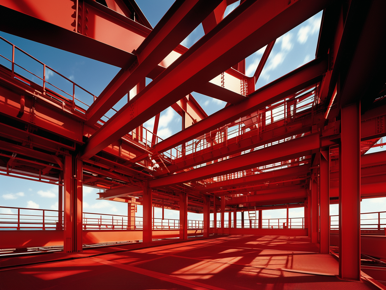 Estrutura metálica pintada com tinta anticorrosiva vermelha Eurolatina, ideal para proteção industrial de aço exposto.