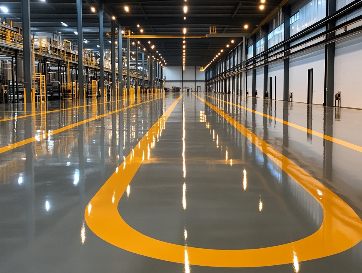 Piso epóxi industrial com demarcação amarela em área fabril, aplicado com revestimento de alta resistência mecânica e química, ideal para tráfego intenso e segurança operacional.