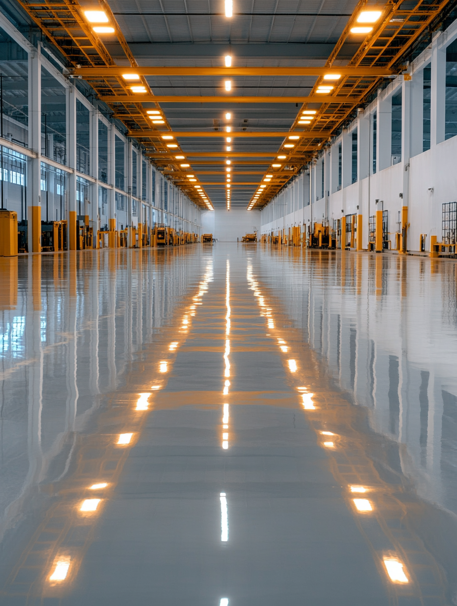 Piso industrial de alto brilho com tinta epóxi Eurolatina, ideal para galpões, fábricas e centros logísticos com alta resistência e acabamento profissional.