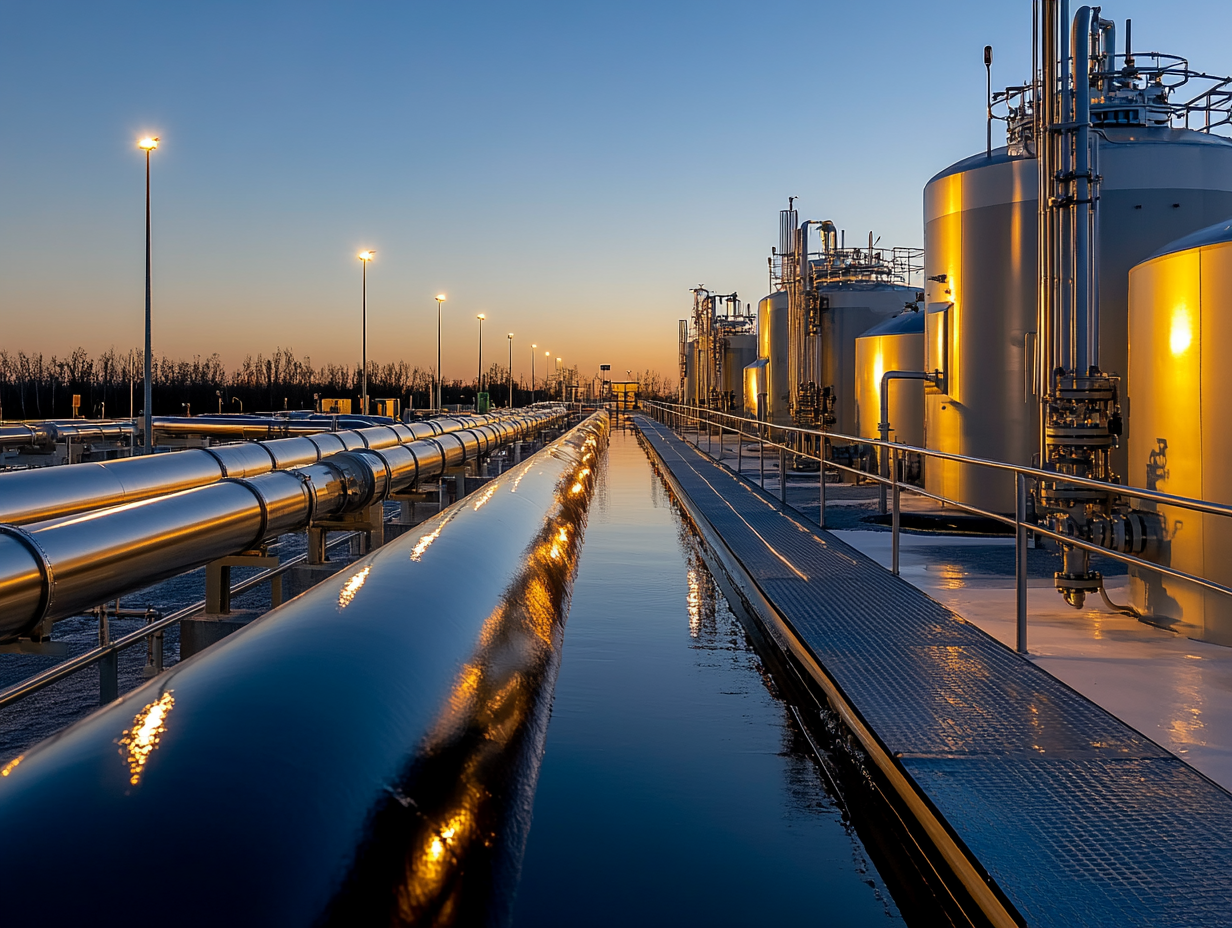 Tubulações metálicas e tanques industriais protegidos com tinta anticorrosiva de alta resistência química, ideal para aplicações em ambientes petroquímicos e offshore.

