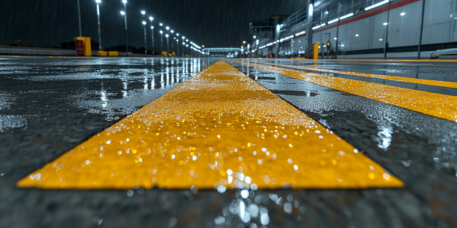 Demarcação viária refletiva amarela aplicada em piso molhado sob chuva, destacando tinta de alta aderência, resistência à umidade e visibilidade noturna para sinalização horizontal.


