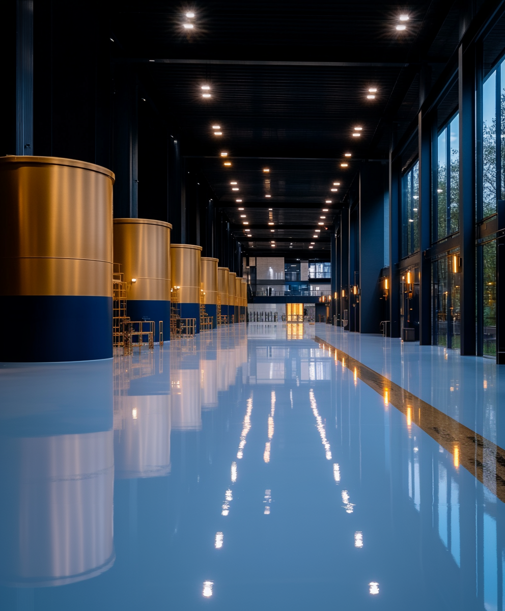 Tanques metálicos industriais com pintura anticorrosiva dourada e piso com revestimento epóxi de alto brilho, em ambiente fabril.

