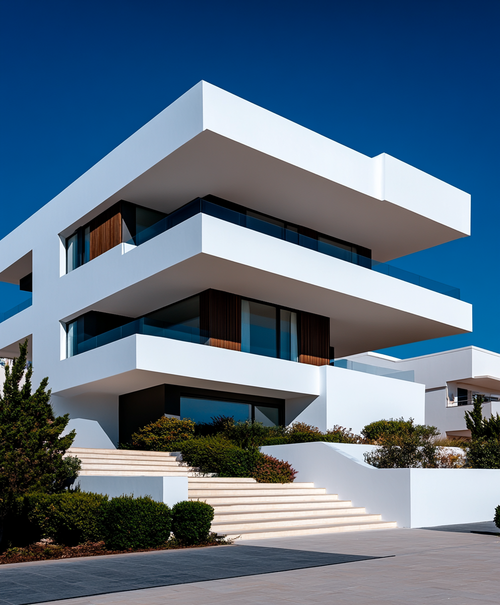 Fachada de casa moderna com acabamento branco impecável, linhas retas e aplicação de tinta acrílica premium Eurolatina para áreas externas.