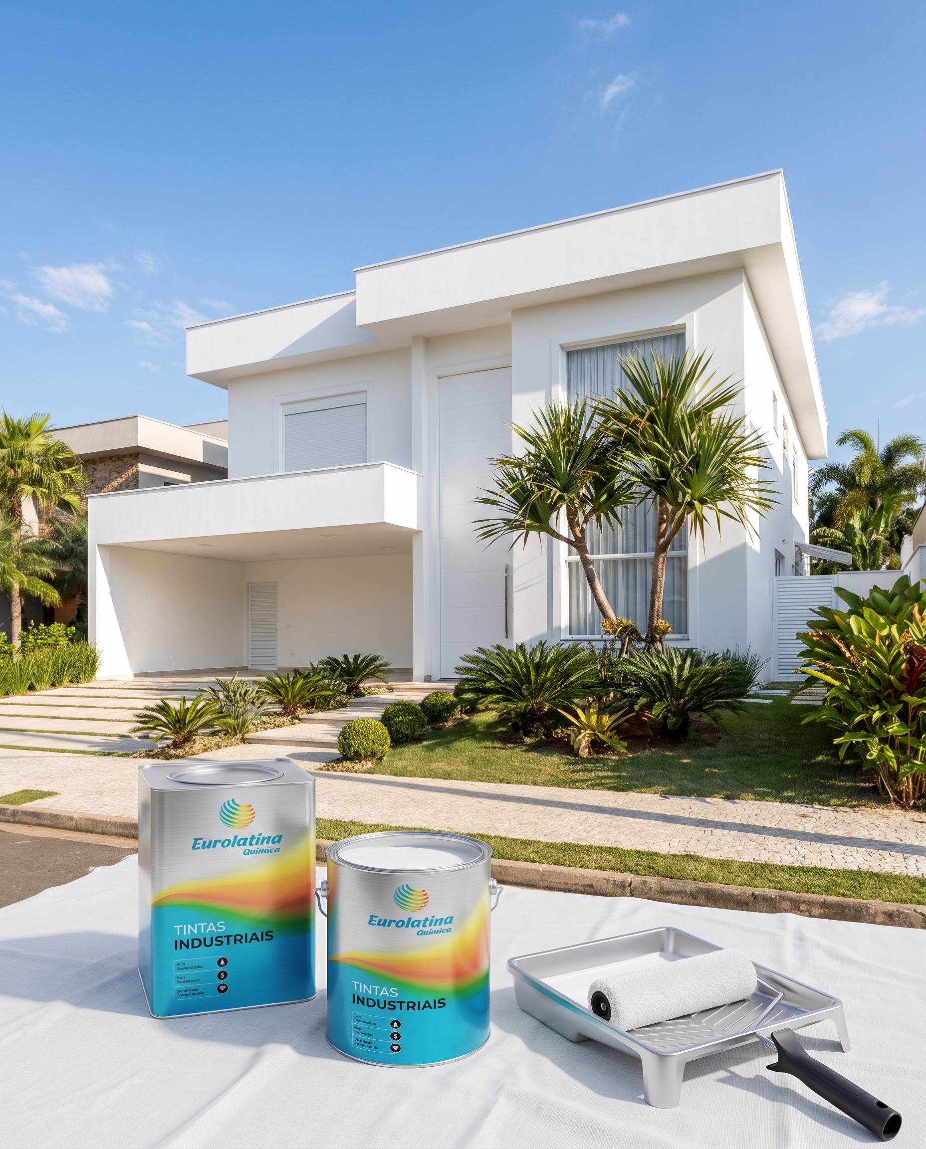 Fachada residencial pintada de branco premium com latas de tinta Eurolatina
