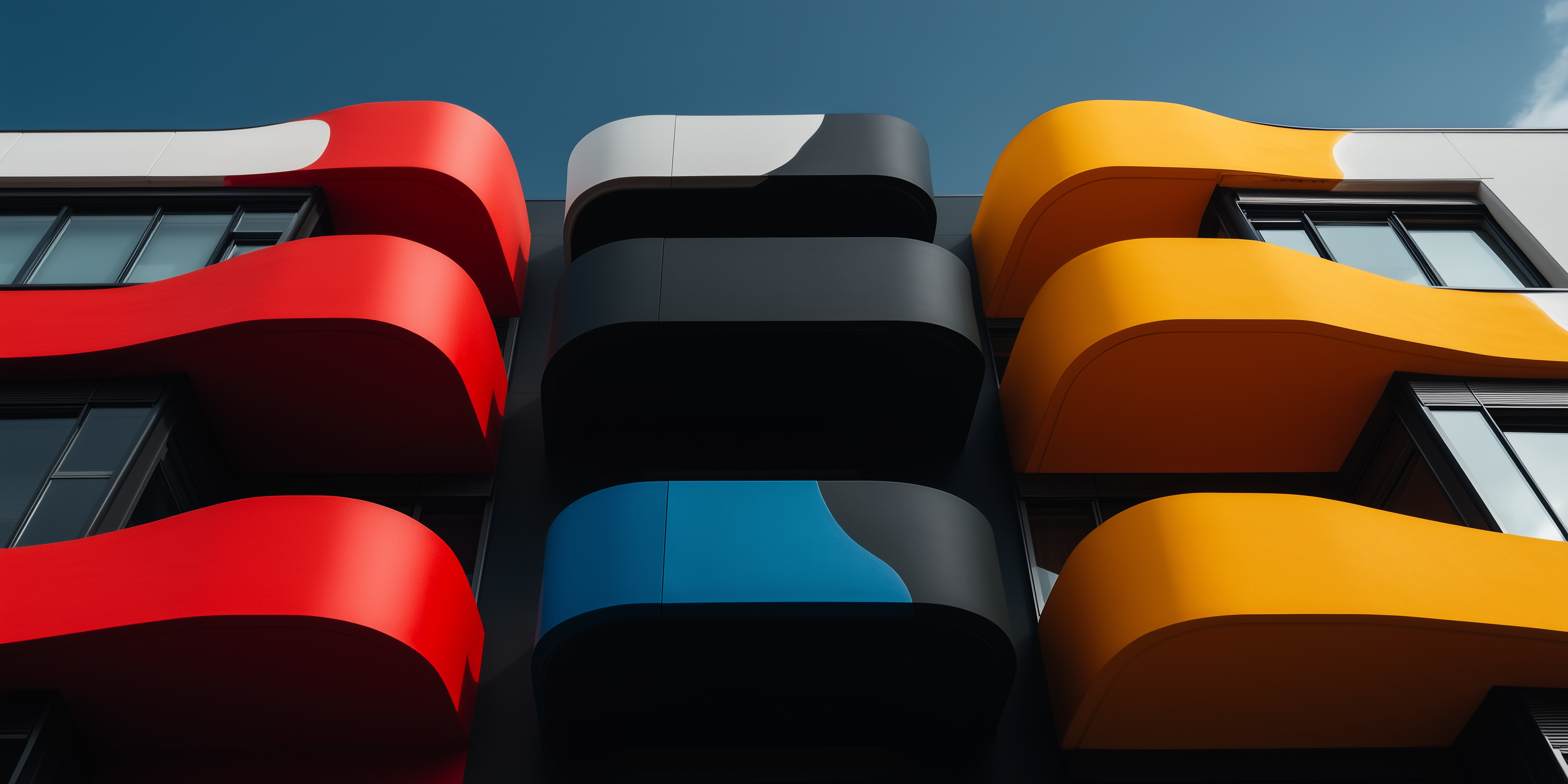 Fachada arquitetônica com aplicação de tinta predial colorida em tons RAL vibrantes, com alto poder de cobertura, resistência UV e durabilidade para ambientes urbanos.